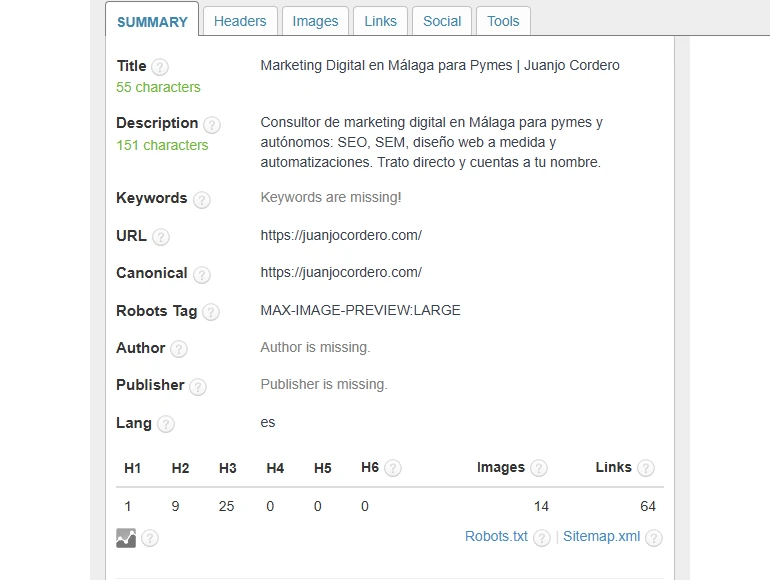 Pestaña Summary de la extensión SEO META in 1 CLICK sobre juanjocordero.com: título de 55 caracteres, meta descripción de 151 y recuento de encabezados