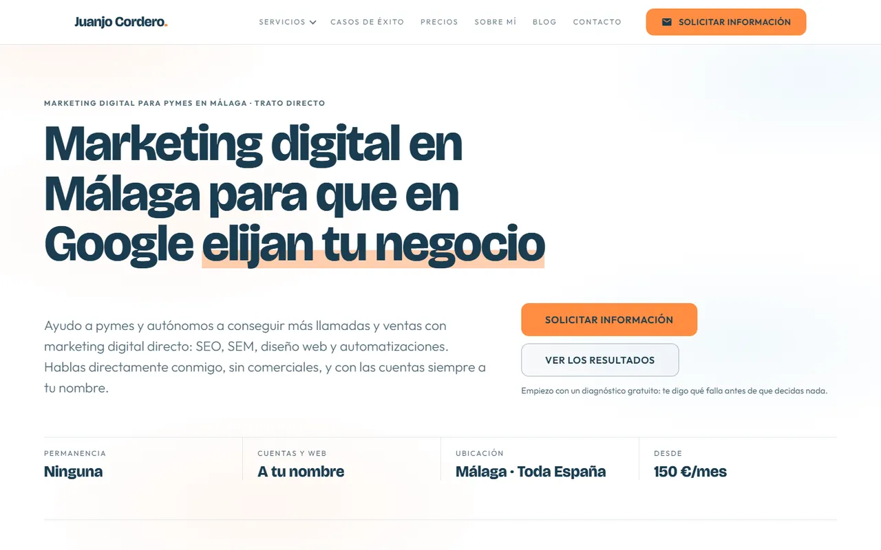 Portada de juanjocordero.com en escritorio: titular «Marketing digital en Málaga para que en Google elijan tu negocio».