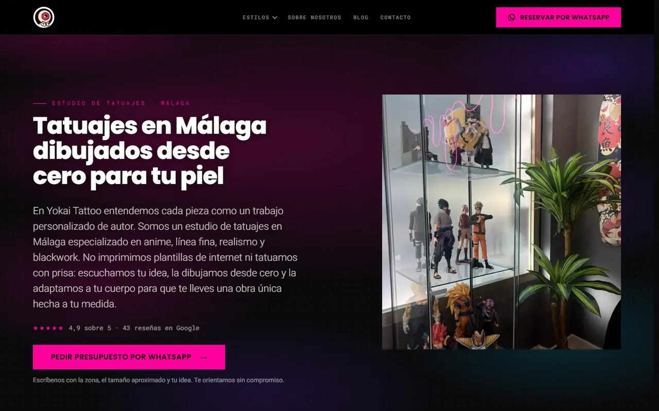 Portada de yokaitattoo.es en escritorio: titular «Tatuajes en Málaga dibujados desde cero para tu piel» sobre fondo oscuro y foto del estudio.